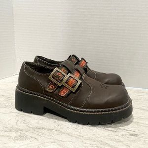 LOWER EAST SIDE VINTAGE 90S BROWN FAUX LEATHER CHUNKY HEEL PLATFORM SHOES - 6.5